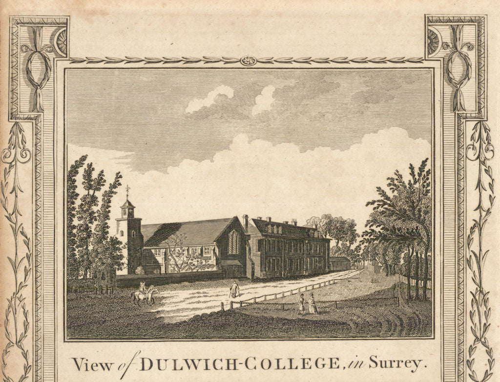 A view of Dulwich College, London. WALPOOLE 1794 old antique print picture